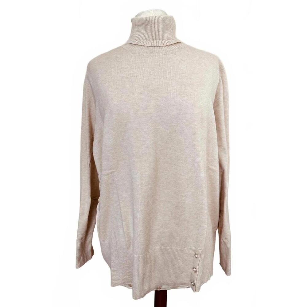 Christian Siriano Turtleneck Sweater Long Sleeves Button Detail Beige Size 3X